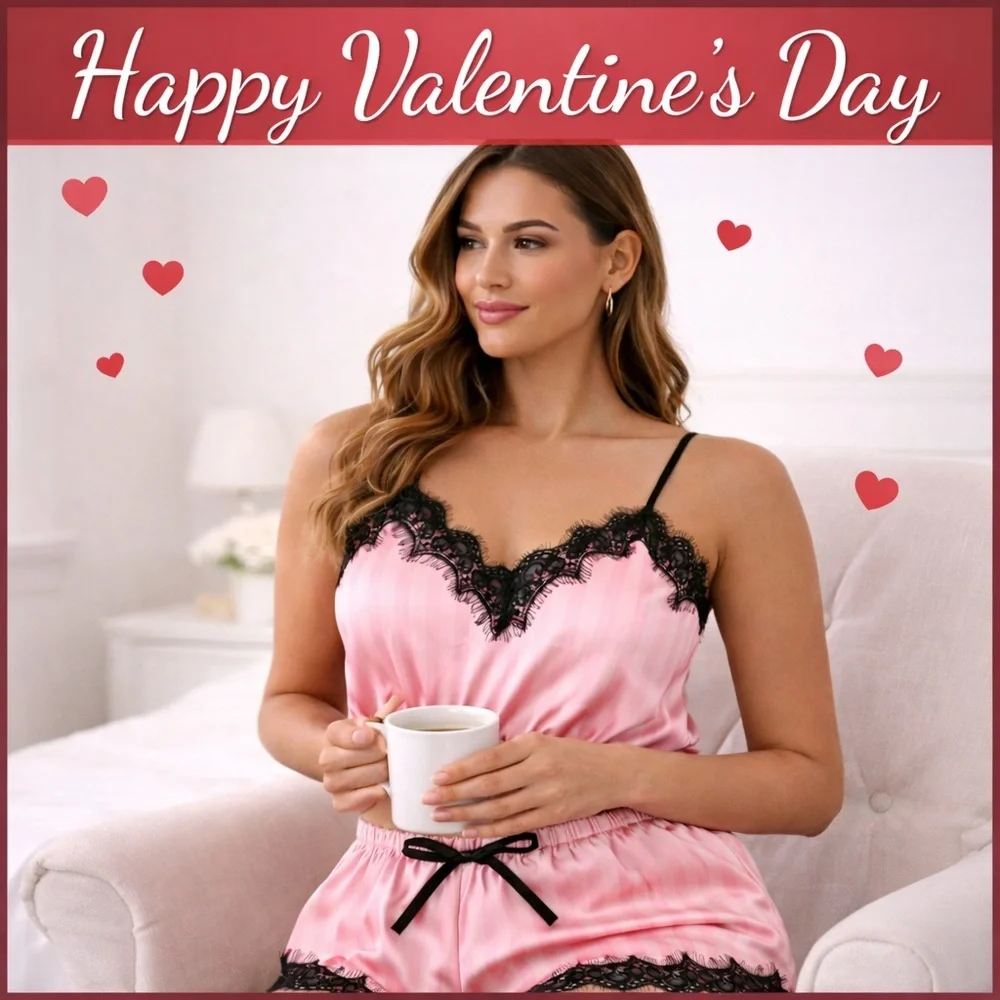 👉 Chic Noir Elegance: Black Lace & Pink Silk Lingerie Pajama Shorts Set